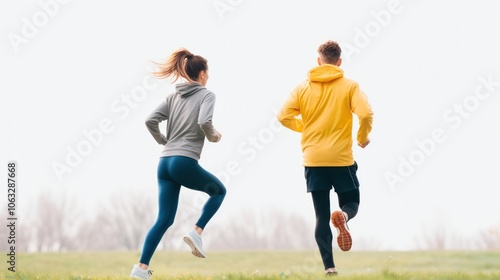 A man and a woman jogging outdoors on a misty day, showcasing an active lifestyle in a healthy environment.