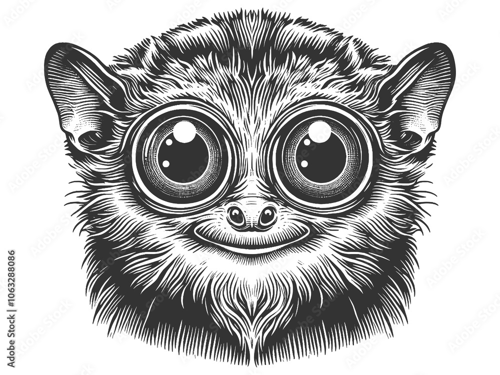 Naklejka premium tarsier animal face with large eyes, showcasing its distinct features and fur texture sketch engraving generative ai raster illustration. Scratch board imitation. Black and white image.