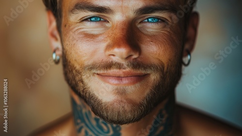 CloseUp Portrait of Man with Striking Blue Eyes Displaying Confidence and Charm