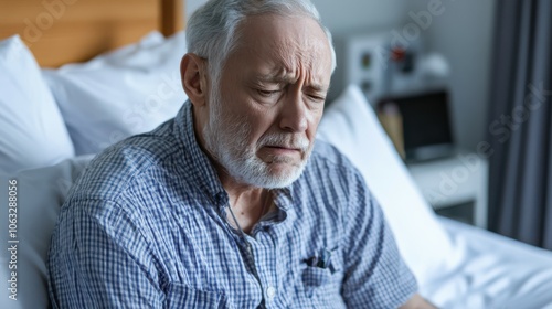 Senior man suffering from heart pain pressing emergency call button on bed in hospital