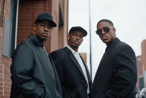 Three Stylish Men Posing Confidently in Urban Setting With Modern Architecture in the Backdrop During a Cloudy Day