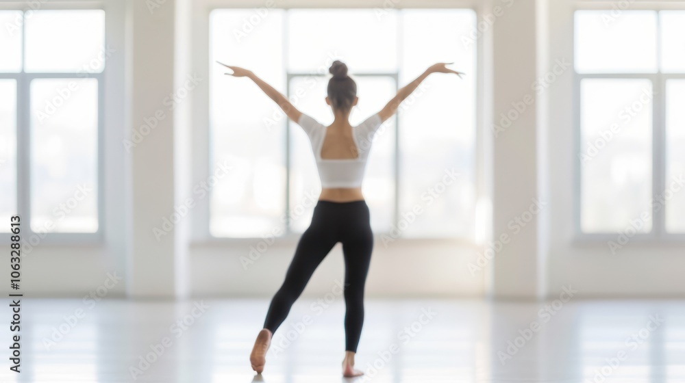 A graceful dancer poses with arms raised in a sunlit studio, embodying elegance and freedom in motion. A graceful dancer poses with arms raised in a sunlit studio, embodying elegance and freedom in motion.