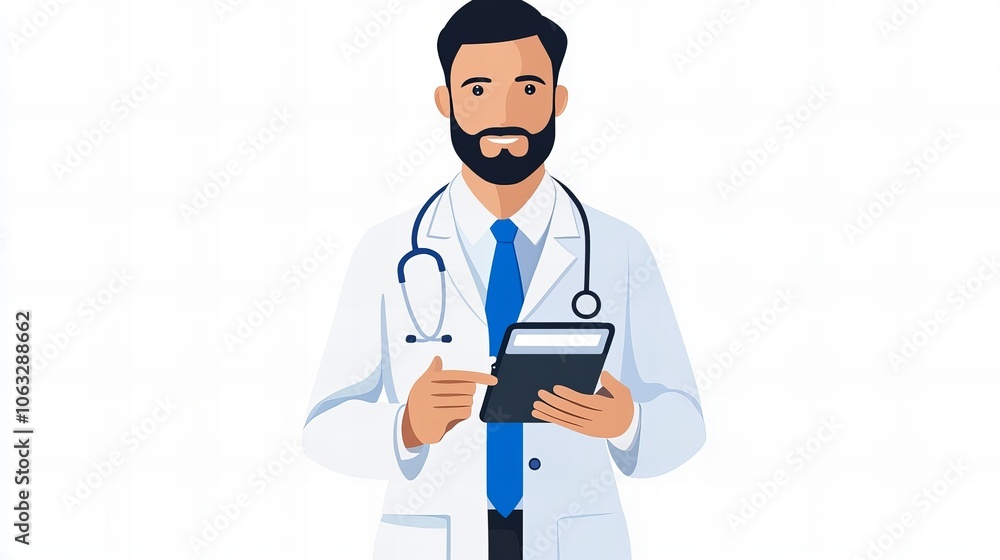 A digital illustration of a male doctor in a white coat with a stethoscope, holding a tablet, representing modern healthcare, professionalism, and digital technology