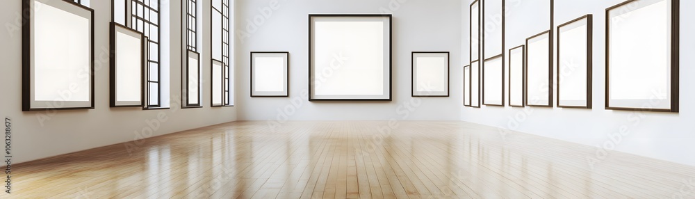 Empty Gallery Room with Wooden Floor and Multiple Picture Frames Empty Gallery Room with Wooden Floor and Multiple Picture Frames
