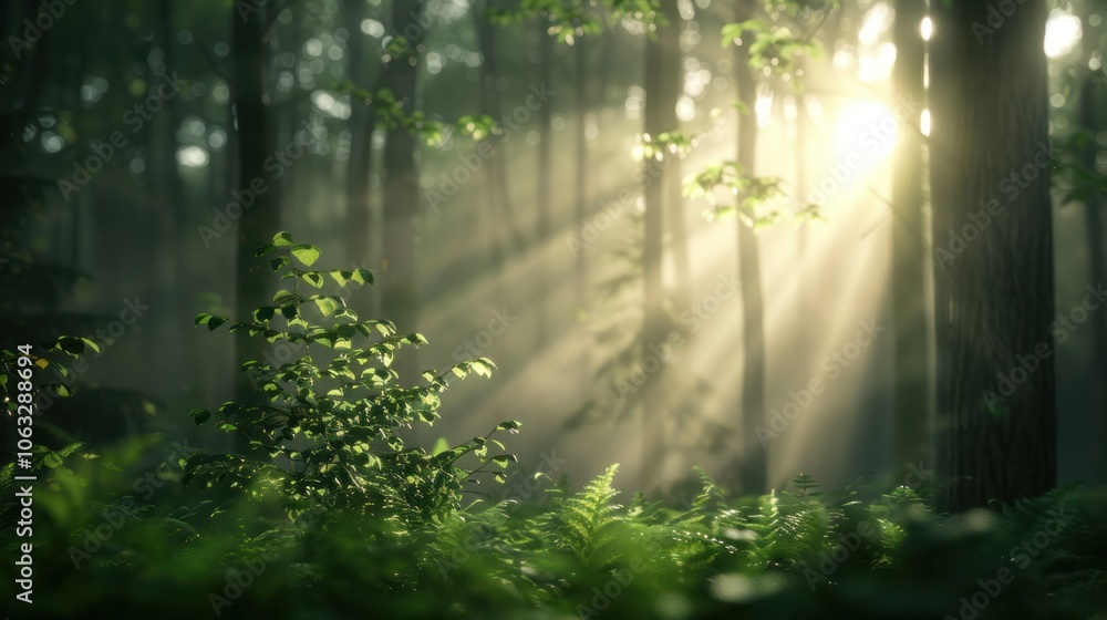 Fototapeta premium A serene forest scene with sunlight streaming through trees, creating a tranquil atmosphere filled with greenery and soft shadows.