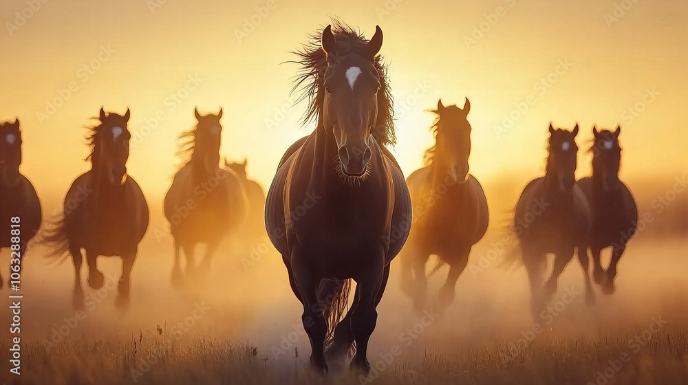 Fototapeta premium A majestic herd of wild horses galloping through a golden field at sunrise, symbolizing freedom, strength, and unity