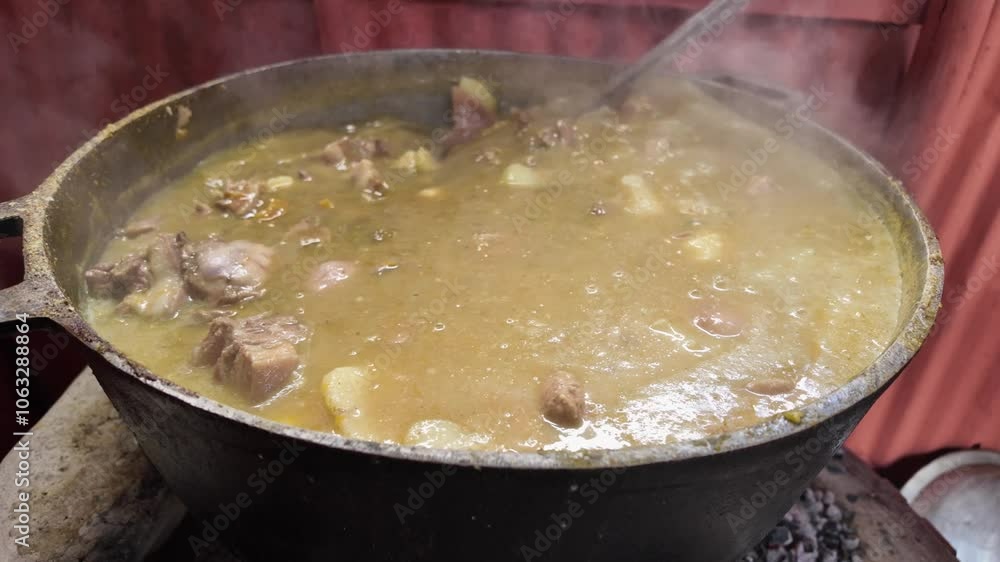 Close-up of a steaming pot cooking Dominican Sancocho in a traditional countryside setting. A metal spoon stirs the meats and vegetables, with steam capturing the rustic essence of this classic dish. Close-up of a steaming pot cooking Dominican Sancocho in a traditional countryside setting. A metal spoon stirs the meats and vegetables, with steam capturing the rustic essence of this classic dish.