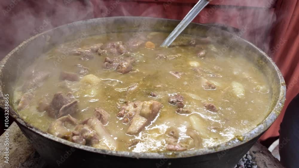 Detailed view of a pot in the Dominican countryside, cooking traditional Sancocho. A metal spoon stirs the meats and vegetables as steam rises, blending with the rural backdrop. Detailed view of a pot in the Dominican countryside, cooking traditional Sancocho. A metal spoon stirs the meats and vegetables as steam rises, blending with the rural backdrop.