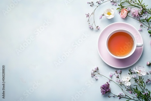 Cup of tea with flowers on pastel background, top view, minimali photo