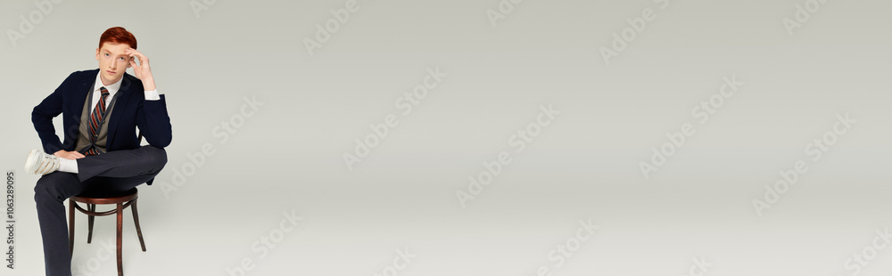 A stylish student with red hair dressed in layers sits gracefully on a chair, deep in thought. A stylish student with red hair dressed in layers sits gracefully on a chair, deep in thought.