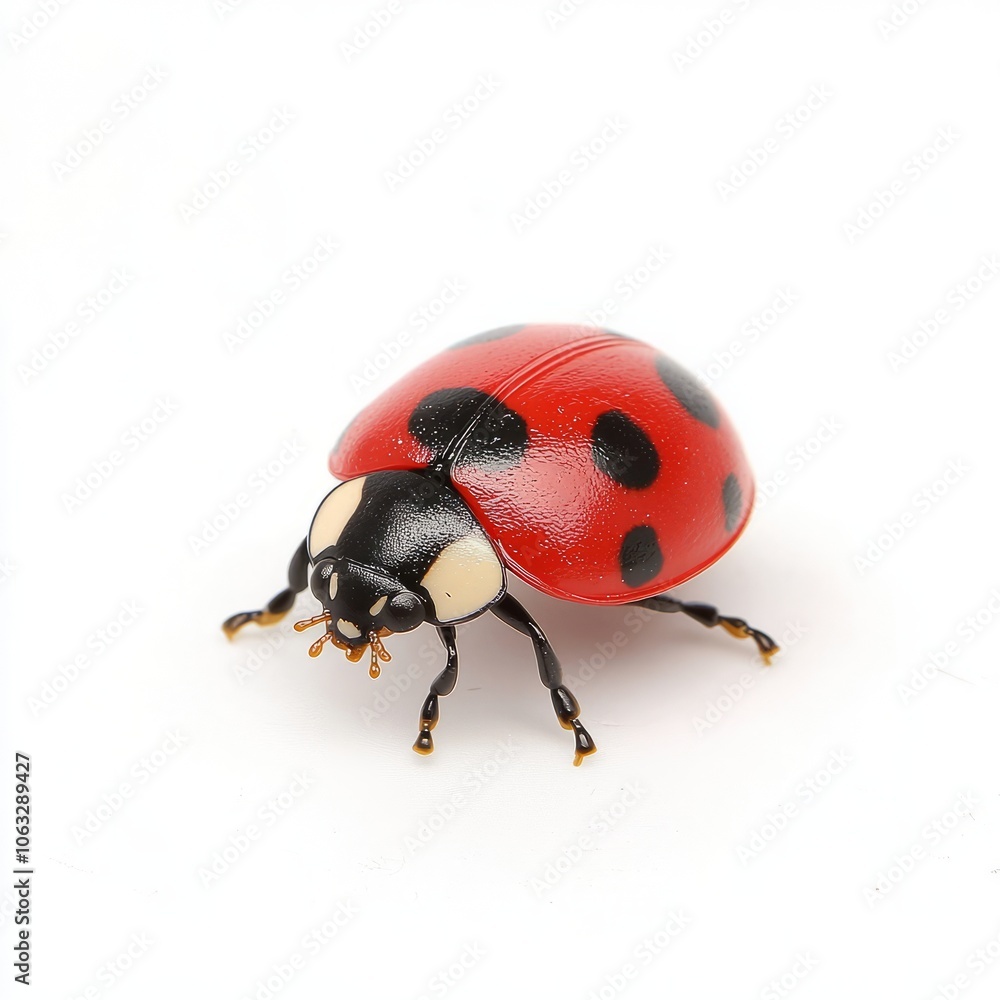 A vibrant red ladybug with black spots on a white background. A vibrant red ladybug with black spots on a white background.