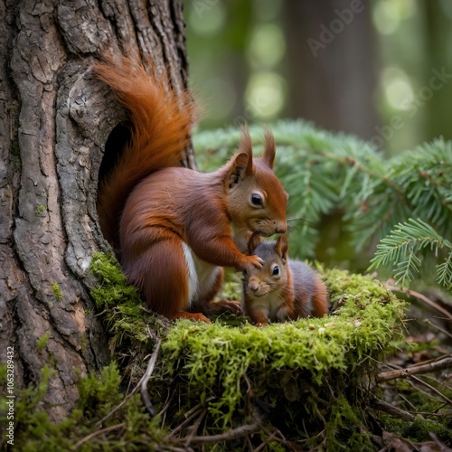 Nurtured by Love: A Mother Squirrel and Her Joyful Nestlings photo