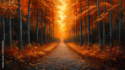 Autumn forest path with vibrant orange leaves