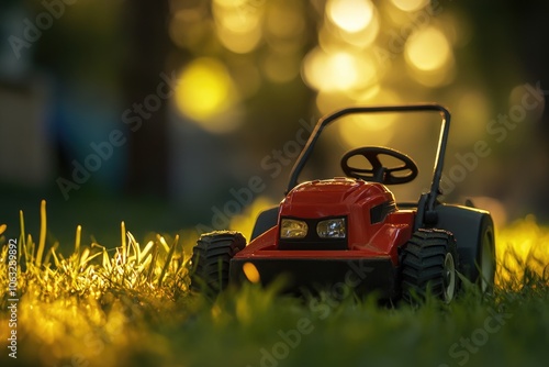 A toy lawn mower sitting in the grass, ideal for outdoor scenes or kid's playsets photo