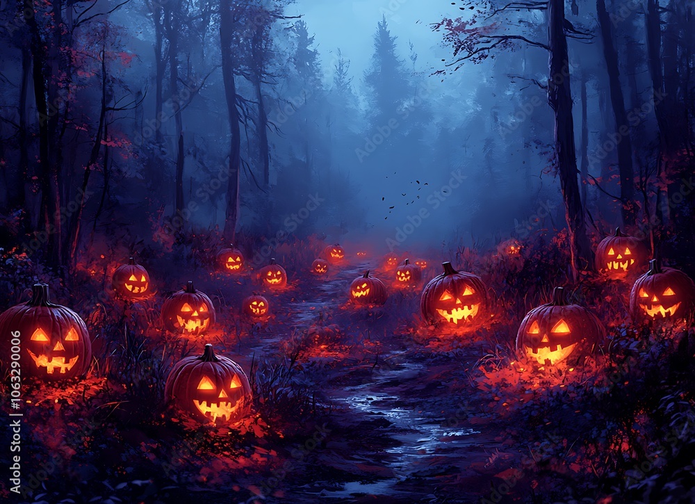 Group of Pumpkins Nestled in a Forest Group of Pumpkins Nestled in a Forest
