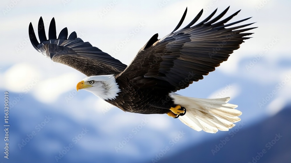 Fototapeta premium A majestic bald eagle soaring through the sky with outstretched wings, set against a mountainous backdrop, symbolizing freedom and strength