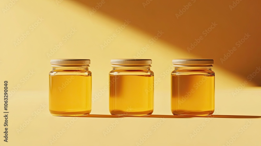 Golden Jars of Honey on Yellow Background Golden Jars of Honey on Yellow Background