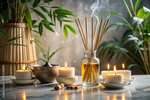 Tranquil Aromatherapy Setup with Bamboo Sticks, Scented Candles, and Tea on Marble Table for a Relaxing Home Atmosphere