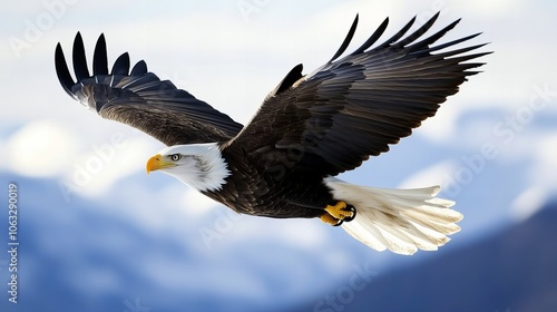 A majestic bald eagle soaring through the sky with outstretched wings, set against a mountainous backdrop, symbolizing freedom and strength