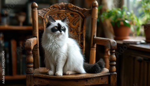 Beautiful cute cat sitting on a vintage chair