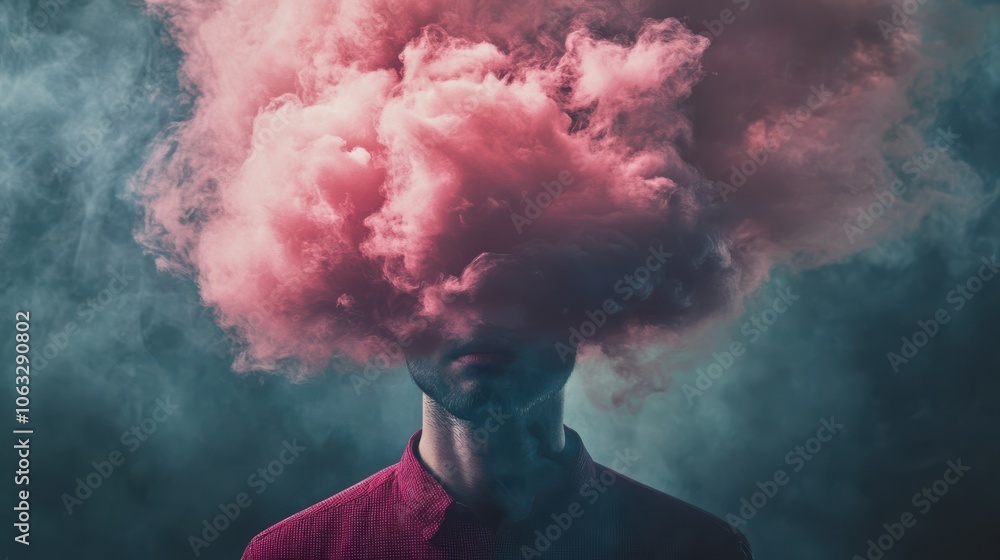 Surreal Dreaming Mind Concept: Man with Pink Cloud as Head, Abstract Brain Imagination, Surrealism, Unique Visual Art Surreal Dreaming Mind Concept: Man with Pink Cloud as Head, Abstract Brain Imagination, Surrealism, Unique Visual Art