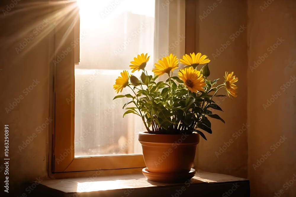 Fototapeta premium fresh flower in clay pot near window with cozy room with sun light from window