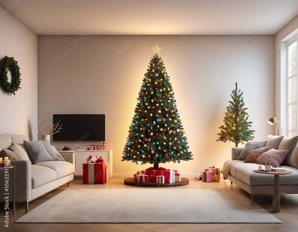Christmas tree in a cozy room with Sofa, gift and light . Empty space for text. Christmas card, new year card, happy new year and Merry Christmas Christmas tree in a cozy room with Sofa, gift and light . Empty space for text. Christmas card, new year card, happy new year and Merry Christmas