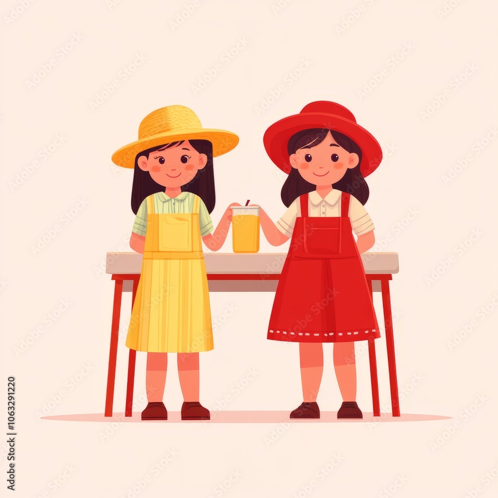 Two girls in colorful outfits sharing a drink at a table. Two girls in colorful outfits sharing a drink at a table.
