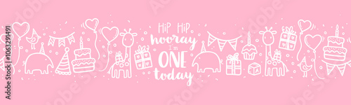 Fun hand drawn baby party seamless background with cakes, gift boxes, balloons and party decoration. Great for birthday parties, textiles, banners, wallpapers, wrapping - vector design