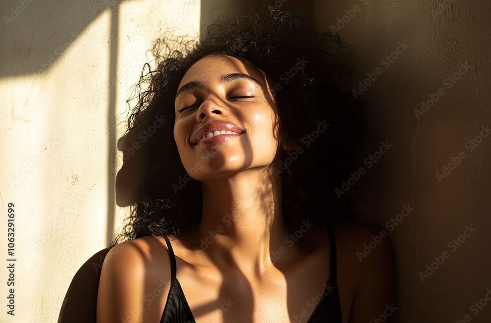 A beautiful woman is leaning against the wall, smiling and looking up with her eyes closed, as sunlight shines on her skin from behind, creating soft shadows. A beautiful woman is leaning against the wall, smiling and looking up with her eyes closed, as sunlight shines on her skin from behind, creating soft shadows.