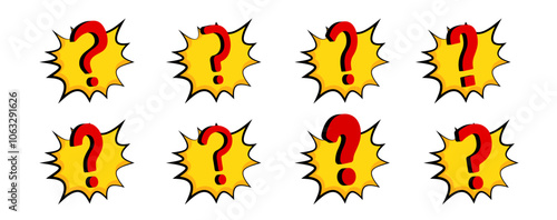 A set of red and yellow question mark symbols with a comic style blast effect, capturing attention and caution. Perfect for conveying confusion, alarms, and enigmatic questions.