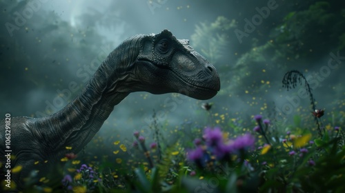 Fototapeta Naklejka Na Ścianę i Meble -  A dinosaur emerges in a misty landscape filled with vibrant flowers, creating a mystical and prehistoric atmosphere.
