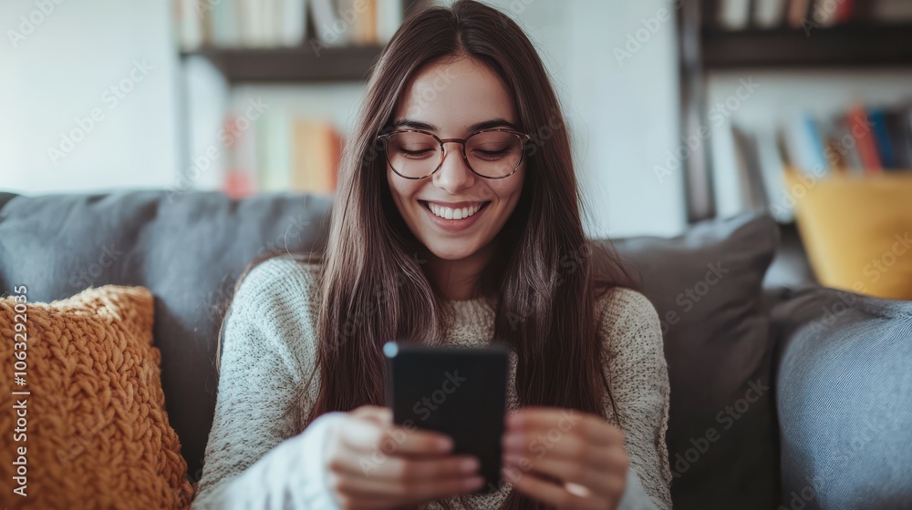 Smiling woman using smartphone on sofa indoors Smiling woman using smartphone on sofa indoors