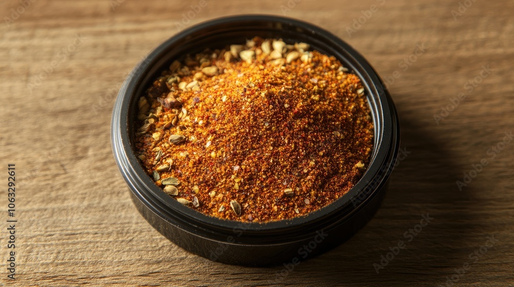 Vibrant Spice Mix in Black Container on Wooden Surface Vibrant Spice Mix in Black Container on Wooden Surface