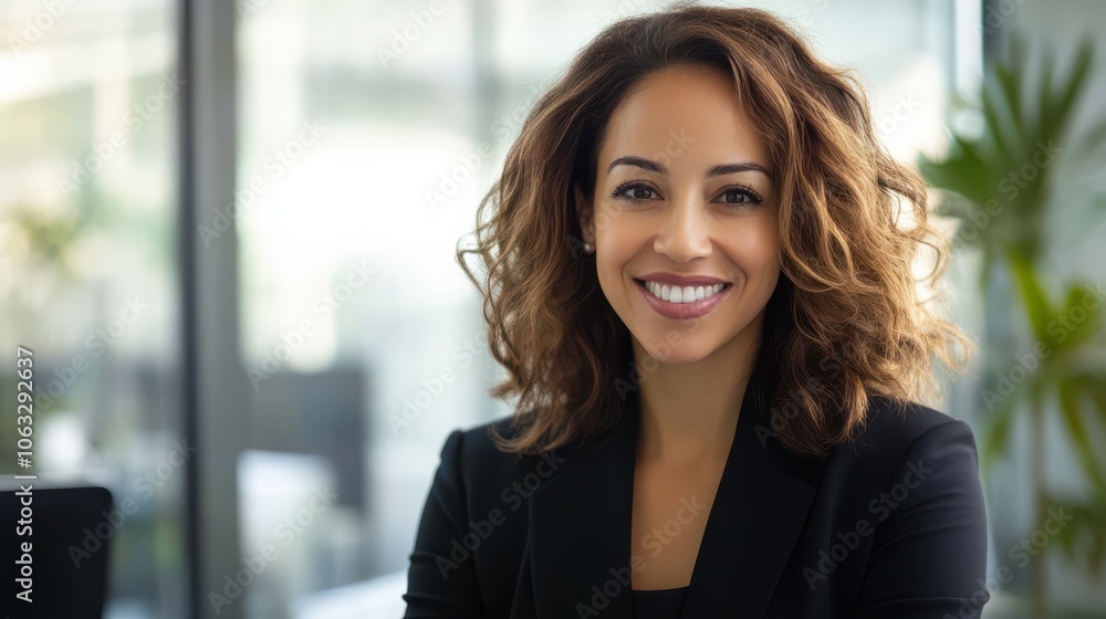 Smiling confident professional business woman in office Smiling confident professional business woman in office