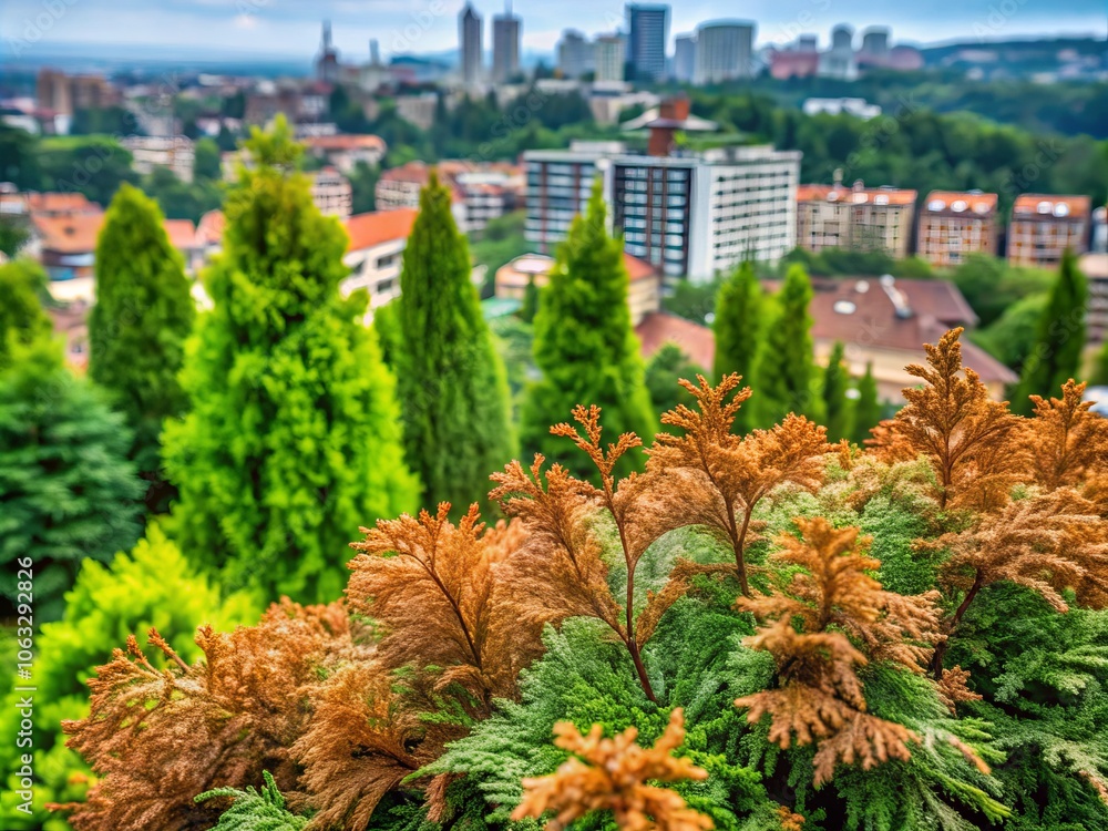 Obraz premium Urban Exploration of Thuja Conifers in a Natural Setting with Vibrant Green Leaves and Brown Mature Branches Amidst Urban Landscape and Architecture in Seasonal Transition