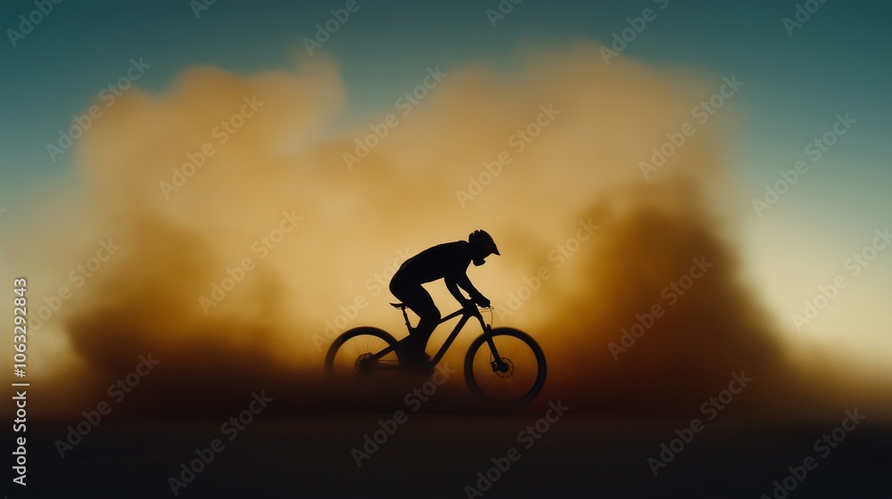 Naklejka premium Silhouette of a cyclist riding through a dust storm during sunset, creating a dramatic and adventurous scene.