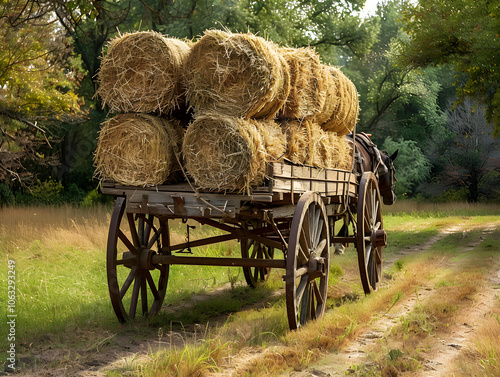 Vintage wooden cart pulled by horses, piled high with hay bales under a blue sky. photo