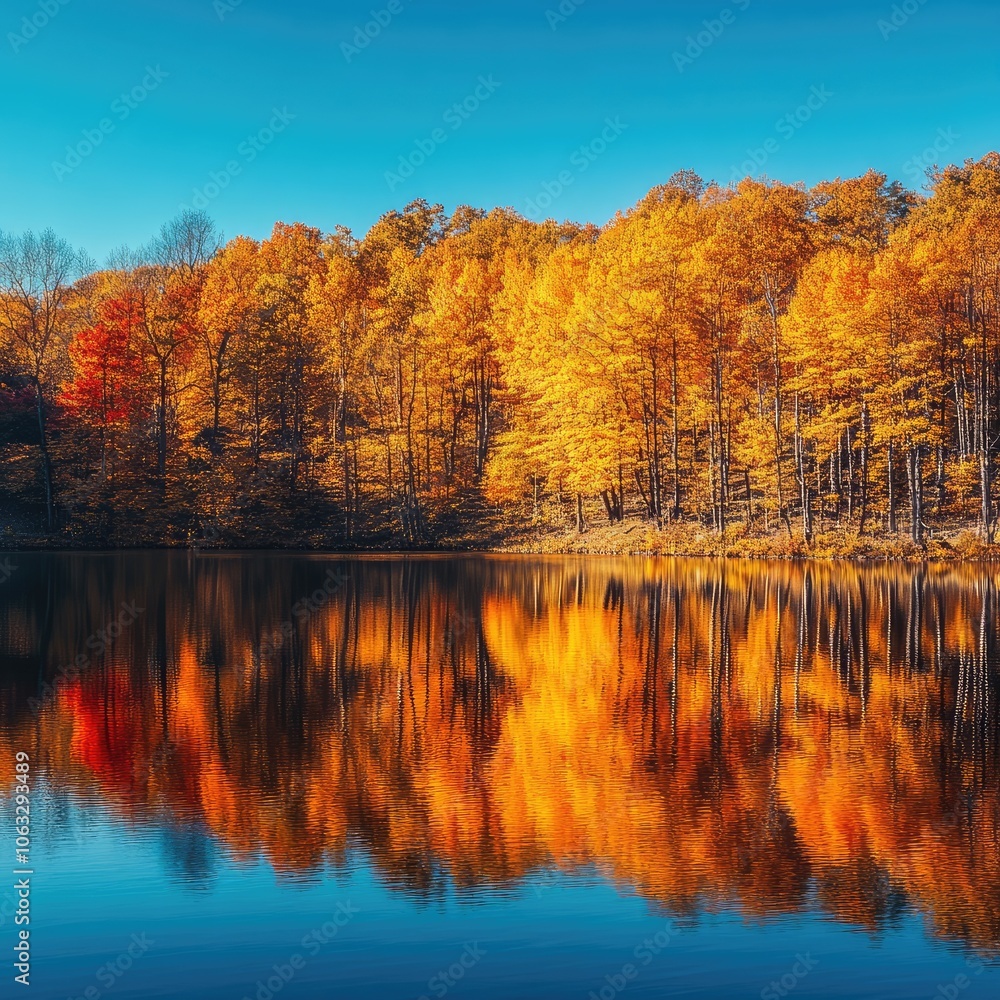 Obraz premium Golden fall foliage reflected in a peaceful lake