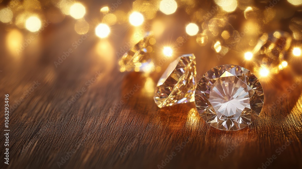 Fototapeta premium Sparkling Round Diamonds on a Wooden Surface With Twinkling Lights in the Background