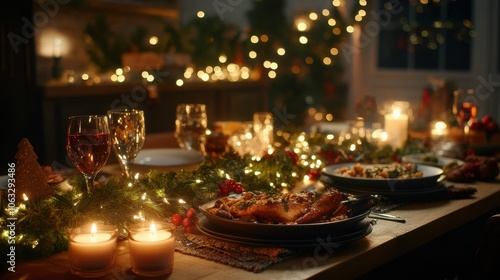 A beautifully arranged Christmas table features festive dishes, candles, and lush garlands, creating a warm holiday atmosphere. Generative AI