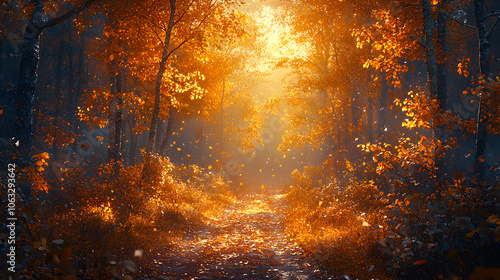 Autumn forest path bathed in golden sunlight.