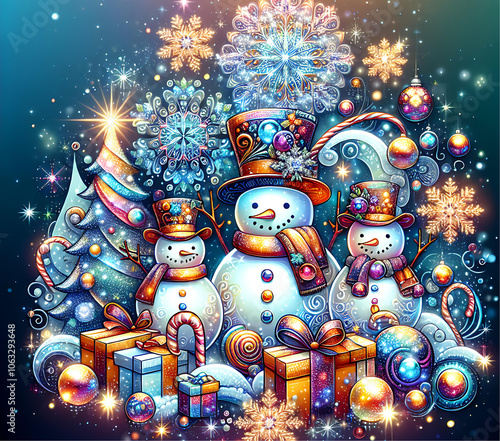 Cute snowmen illustration ideal for 20 oz tumbler wrap sublimation. Christmas illustration for postcards, banners, posters, packaging, paper, and web design.