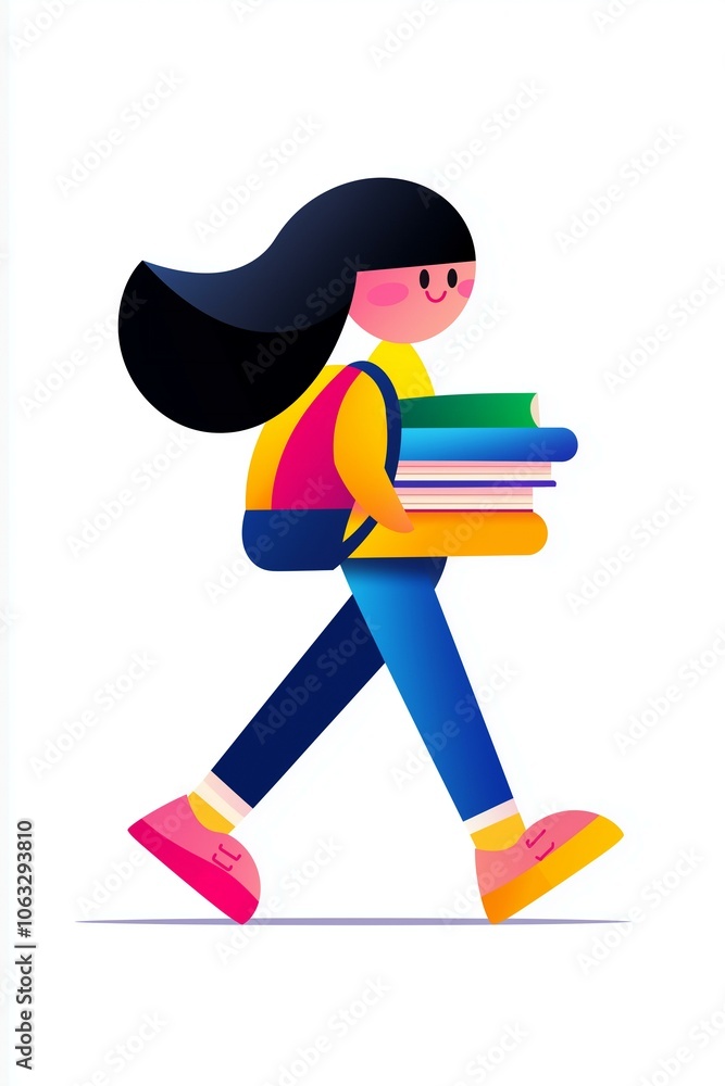 Colorful cartoon of a young girl carrying books, walking confidently with a smile. Colorful cartoon of a young girl carrying books, walking confidently with a smile.