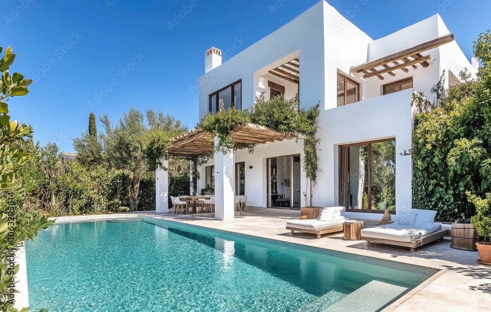 Fototapeta premium A stunning modern villa with white walls, wooden accents, and large windows