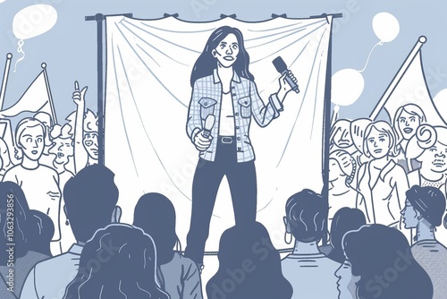 An activist giving a speech on gender equality and reproductive rights at a public rally ,vectorline design , illustration photo