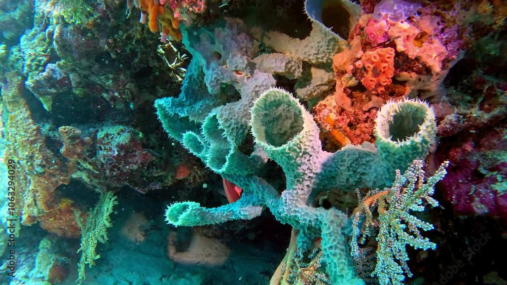 Colorful sponges grow on a tropical reef. Colorful sponges grow on a tropical reef.