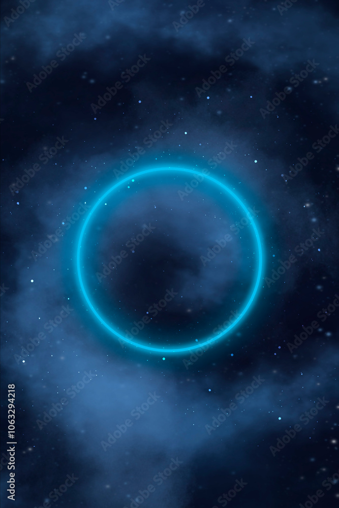 Fototapeta premium Abstract dark background with smoke and a neon circle in the center.