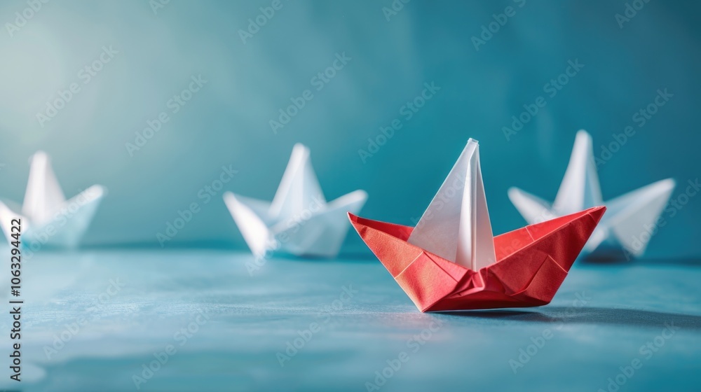 Red paper origami boat isolated on a white background. Japanese art form of paper folding. Craft made by hand with great attention to detail.