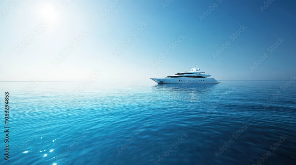 Naklejka premium Super yacht cruising on horizon. Clear skies. Calm water.